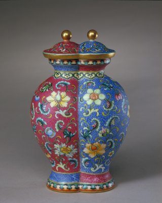Rouge red, blue and rolling road enamel branch pattern Acacia bottle