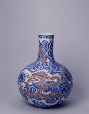 Underglaze blue and red dragon orb bottle