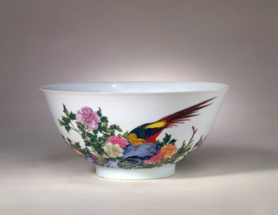 Enamel pheasant peony bowl