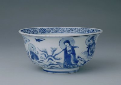 A Buddism godness Guanyin Bodhisattva figure Bowl Blue and white texts