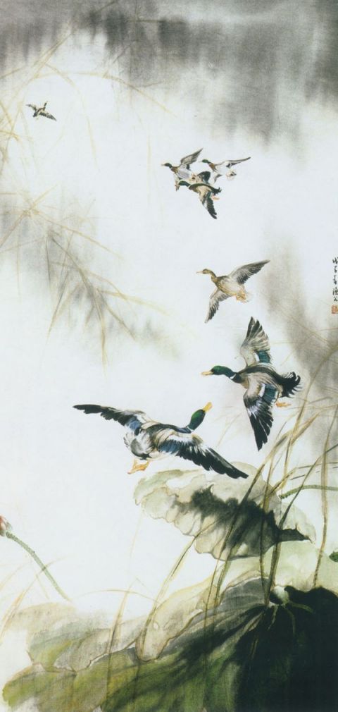 王渔父《月夜飞凫》图片_名家国画作品欣赏-近代