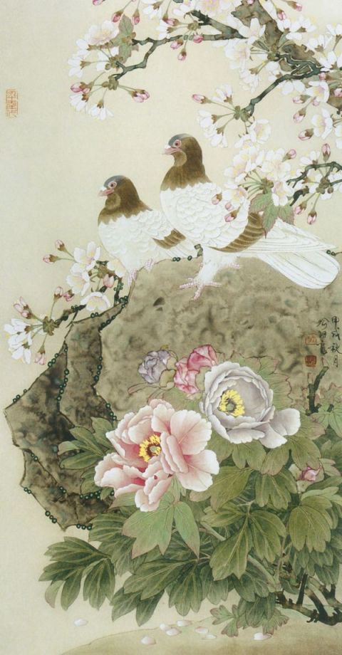 喻继高《牡丹双鸽》图片_名家国画欣赏-近代