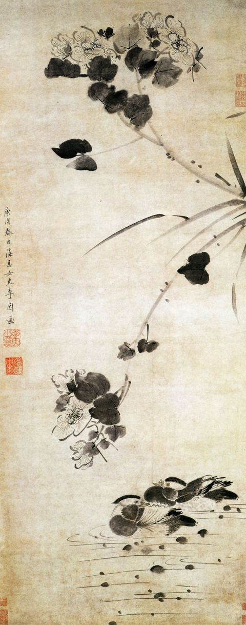李因《芙蓉鸳鸯图》图片_李因国画作品欣赏-清