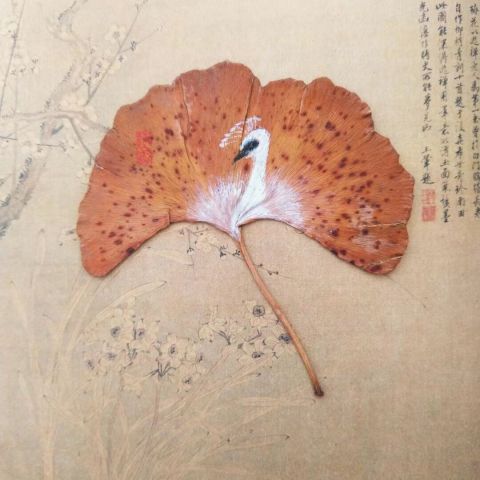 怀风银杏叶画：白孔雀
