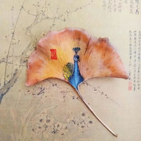 怀风银杏叶画：孔雀